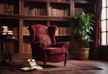 Arm chair in a room with book shelves