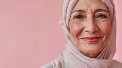 A radiant Muslim senior lady with a joyful smile, chic grey hair, and elegant wrinkles captured in a studio setting against a light backdrop.