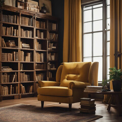 Arm chair in a room with book shelves