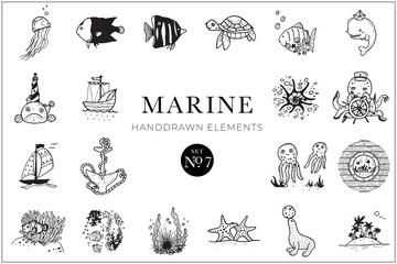 Handdrawn marine elements, Doodle nautical illustrations, Animals, Fish, Sea, Drawing, Illustration, Set, Collection, Ocean, Water