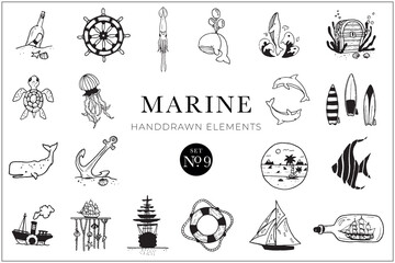 Handdrawn marine elements, Doodle nautical illustrations, Animals, Fish, Sea, Drawing, Illustration, Set, Collection, Ocean, Water