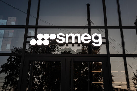 BELGRADE, SERBIA - JULY 9, 2018: Logo of Smeg on their main shop in Belgrade. Smeg is an Italian manufacturer of high-end domestic appliances and commercial equipment