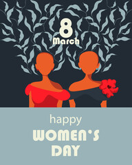 Background for March 8. Women with leaves and flowers in their hair. Happy International Women's Day. Vector illustration.