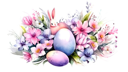 Obraz na płótnie Canvas Watercolor Easter wreath bouquet of spring flowers in the form of a nest and painted eggs in pastel colors with a white cute bunny in the middle. Congratulatory motive. Happy Easter concept.