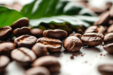 Coffee beans with coffee leaves on white background