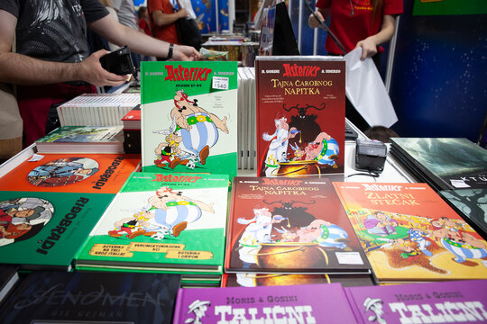 BELGRADE, SERBIA - OCTOBER 25, 2023: Covers of Asterix and Obelix Comic Strips, for sale on a retro comic book store in Belgrade. Asterix is a French series of strips about a Gaulois warrior.