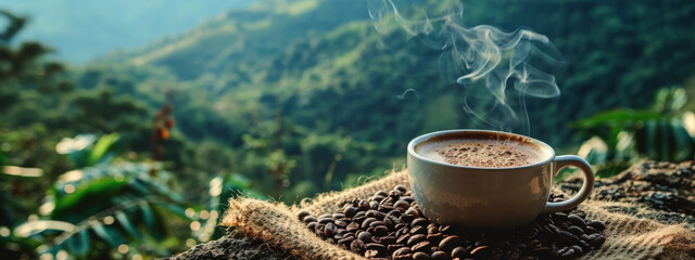 Cup of aromatic coffee with coffee beans on the background of coffee plantation, panorama, banner