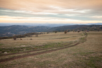 Panorama of the top and summit of Vrh Rajac moutain at dusk in autumn. Rajac is a mountain of Sumadija in Serbia, part of the dinaric alps, a major serbian natural touristic destination.