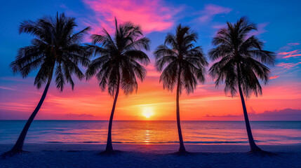 Fototapeta na wymiar Vibrant Skies and Silhouetted Palms at Dusk