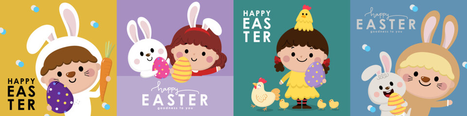 Happy Easter greeting card with cute kids in bunny and chicken costume. Boys and girls with colourful eggs. Holidays cartoon character set. -Vector.