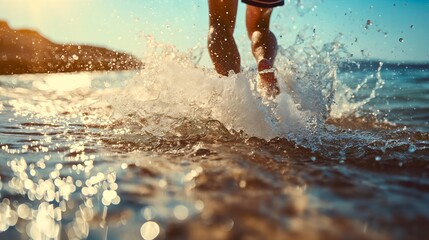 Low angle photography of a young man running or walking in sea, river or lake water on a sunny summer day. Youthful male person wearing shorts, splashing the water into air, ocean leisure activity