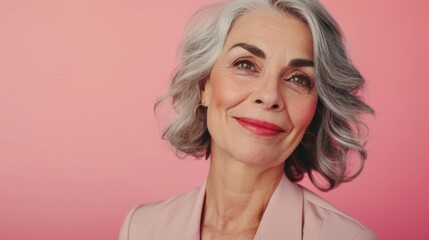 Fototapeta premium A studio portrait features a smiling elderly woman with charming wrinkles and fashionable grey hair.