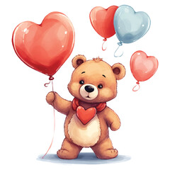 Vector illustration of a cute cartoon style teddy bear holding heart shaped balloons in the hand