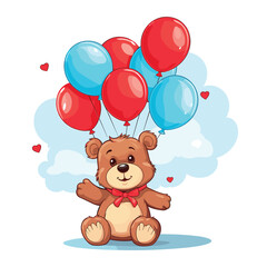 Vector illustration of a cute cartoon style teddy bear holding balloons in the hand