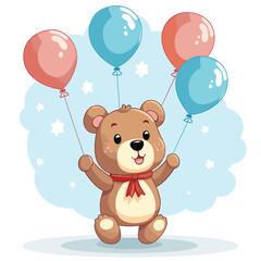 Vector illustration of a cute cartoon style teddy bear holding balloons in the hand