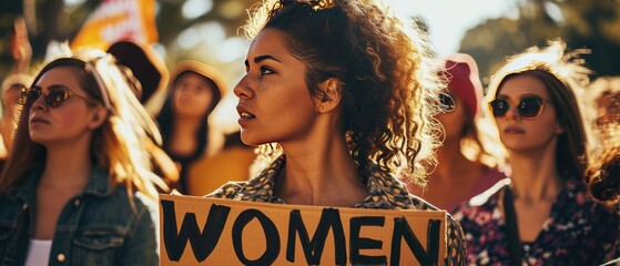 Group of women marching on the road in protest with banners. Demonstrations and protests on the city streets