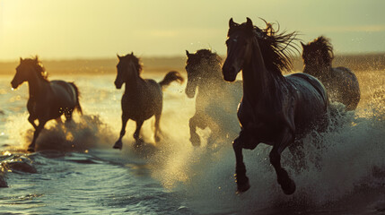 Running herd of horse herds along the seashore against the background of the setting sun - obrazy, fototapety, plakaty