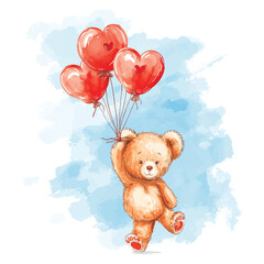 Vector illustration of a cute cartoon style teddy bear holding heart shaped balloons in the hand