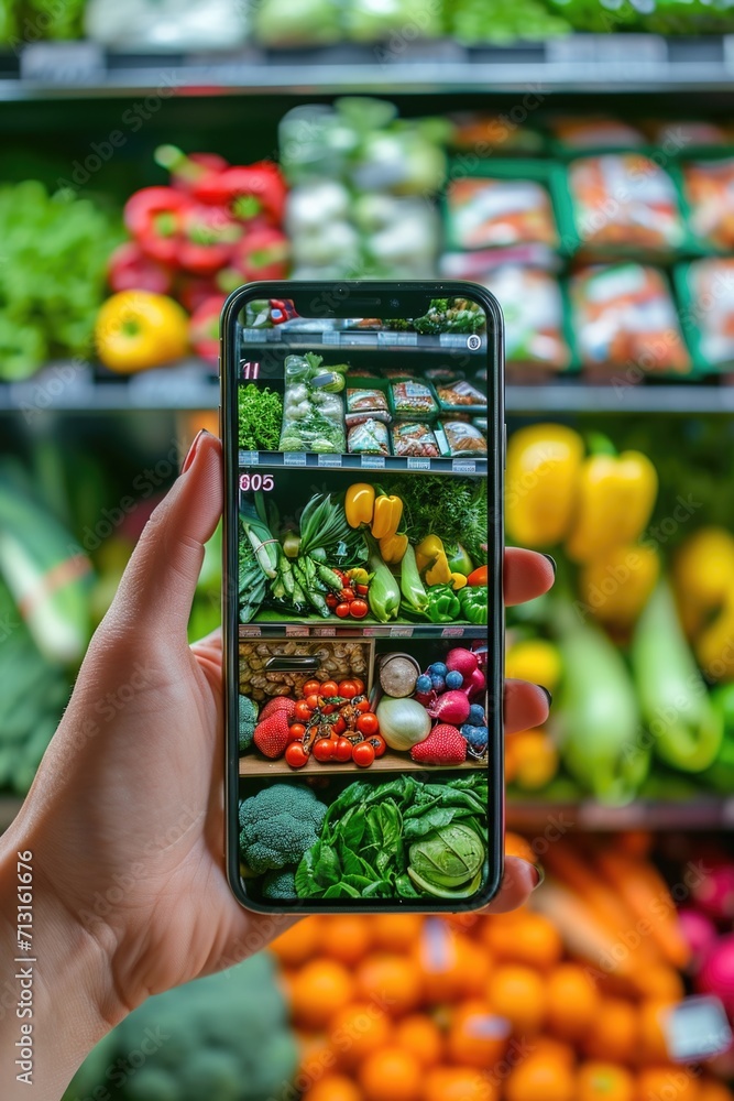Poster A person capturing an image of various fresh vegetables in a grocery store. This photo can be used to showcase the wide selection and freshness of produce available