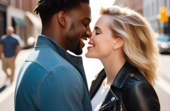 African American man stands next to a blonde girl on the street, love, valentine's day.