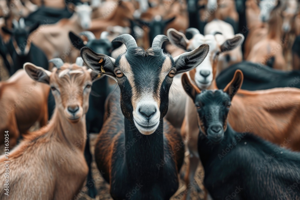 Poster a group of goats standing in close proximity to one another. suitable for various themes and concept