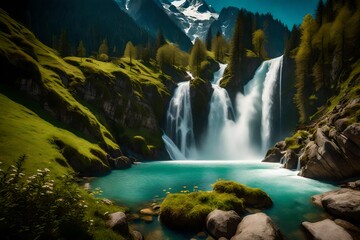 Spring in the Alps.The Mountains Of Switzerland. Waterfall.