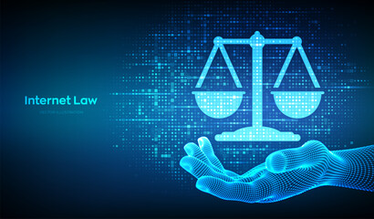 Internet law icon made with binary code in hand. Cyberlaw as digital legal services or online lawyer advice concept. Labor law, Lawyer, Attorney at law. Streaming digital code. Vector illustration.