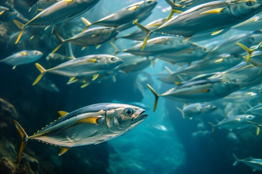 School tuna swimming under water of sea.
