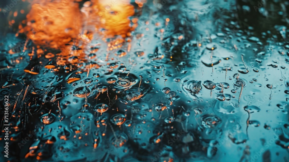 Poster a close-up view of a windshield covered in raindrops. perfect for illustrating rainy weather conditi