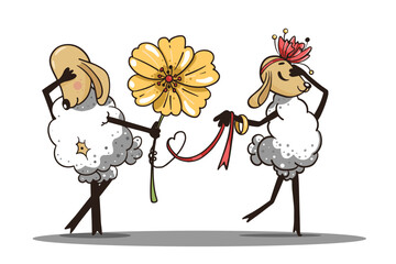 Celebrate love with this charming illustration of two adorably drawn sheep sharing a sweet moment.  T-shirt, postcards design. 