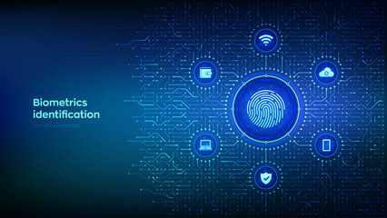 Fingerprint scanning. Biometrics identification. Personal Data protection. Cyber Security. Private secure safety. Background with circuit board connections and tech icons. Vector Illustration.