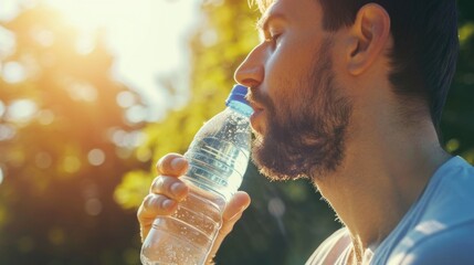 A man is seen drinking water from a plastic bottle. This image can be used to promote hydration, healthy lifestyle, or environmental awareness - obrazy, fototapety, plakaty