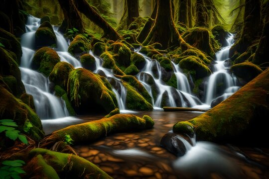 Bunch Creek Falls in the Quinault temperate rainforest area of Olympic National Park