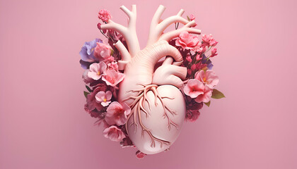 Top view of human heart with flowers on pink background with copy space