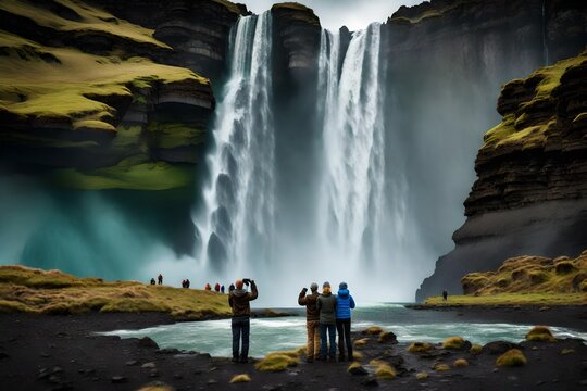 ICELAND    Excursion to a huge waterfall. People take pictures in front of the waterfall.