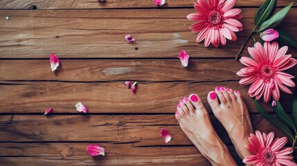 A close-up shot of a woman's feet standing on a wooden floor, surrounded by pink flowers. This image can be used to depict relaxation, self-care, or the beauty of nature indoors