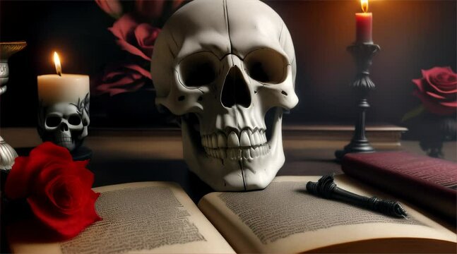 ゴシックな古い本と頭蓋骨