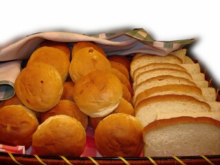 Bread in a basket on a white background, with space for text