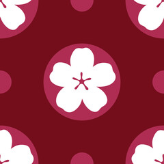 Sakura seamless pattern. Hand drawn block print inspired pattern of white sakura flowers and dots on red background. Japanese style raster allover print