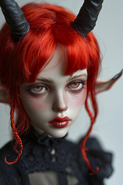A Ball-jointed Doll with Fiery Red Hair and Black Horns