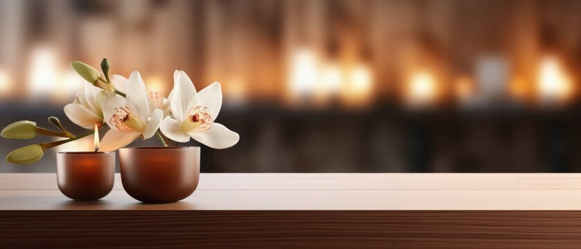 Wooden table spa bokeh background, empty wood desk product display mockup with relaxing wellness massage salon blurry abstract backdrop, body care cosmetic ads presentation. Mock up, copy space.