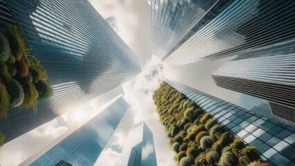 Low Angle View of Skyscrapers. Low Angle Perspective of Skyscrapers. Green Architecture Bank...
