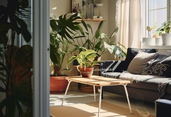 Wooden coffee table with grey sofa and houseplant. Sunny living room