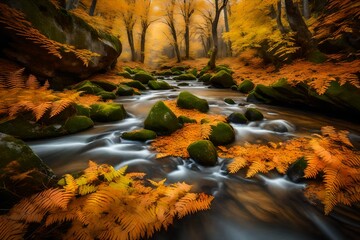 Ferns in autumn on the Eresma river in Valsain, Segovia at the place called Boca del Asno - obrazy, fototapety, plakaty