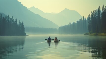 woman and man, couple kayaking on a serene lake - obrazy, fototapety, plakaty