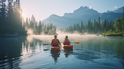 woman and man, couple kayaking on a serene lake - Powered by Adobe