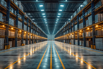Fototapeta premium Modern warehouse interior with shelves and boxes