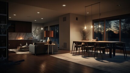 Luxury modern dining room interior. Moody evening lighting.