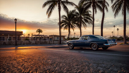 A vintage retro car is parked near the beach against the backdrop of sunset and silhouettes of palm...