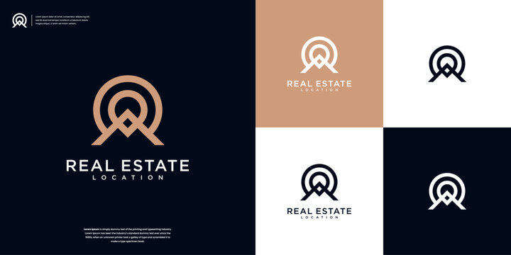 Minimalist home and pin location with line art style logo design inspiration